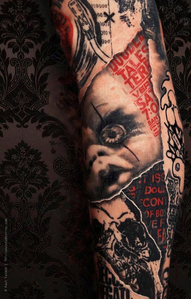 Paul Talbot Tattoo Art Graphic Collage Tattoo by Paul Talbot at Modern Electric near Birmingham UK